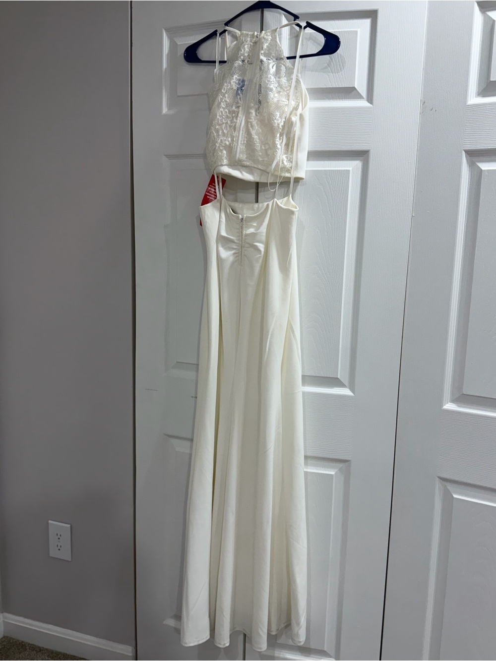 Ivory Two-Piece Lace Halter Crop Top and Flowing Maxi Skirt Set